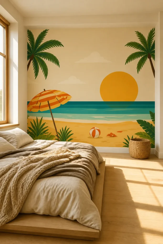 Warm minimalist bedroom featuring a tropical beach sunset sun mural wall behind a low neutral bed, with pale wood flooring and strong natural window light.