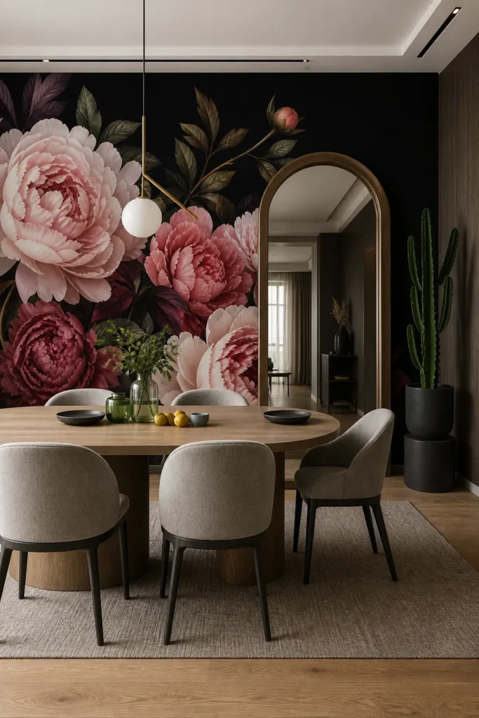 Contemporary luxury dining room featuring a moody black peony garden with creamy blossoms behind an oval table and bronze arched mirror.