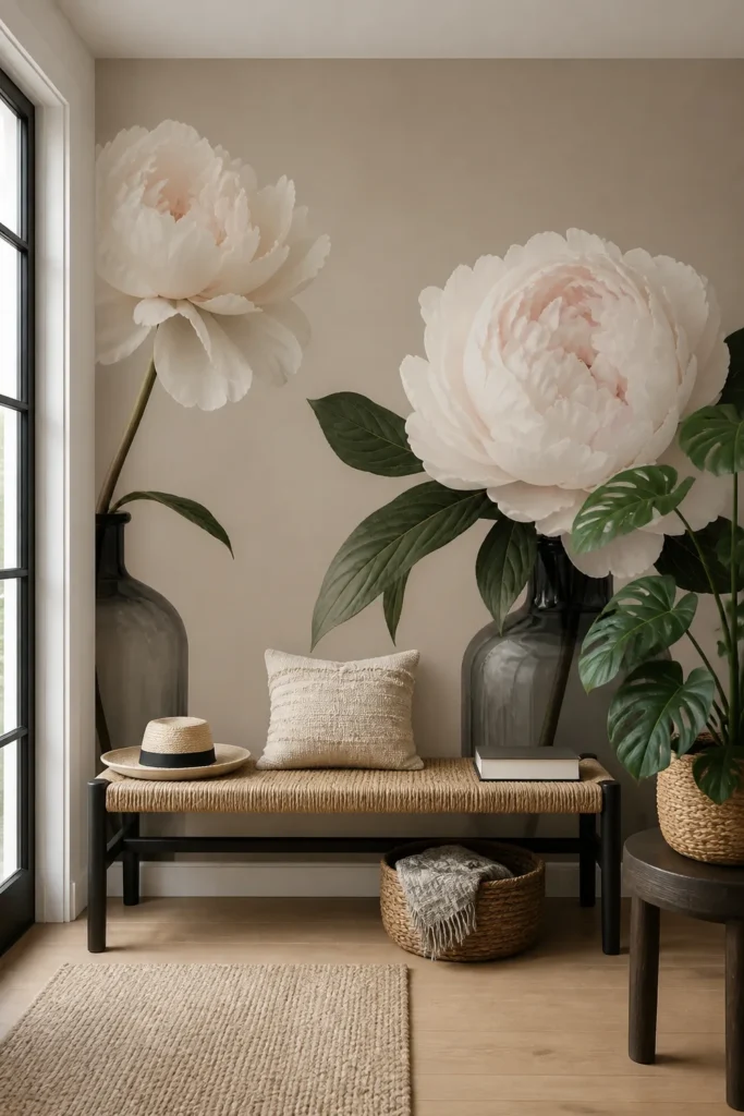 Airy white peony mural staged in a warm organic entry nook with a woven bench, natural oak flooring, and a leafy potted plant.