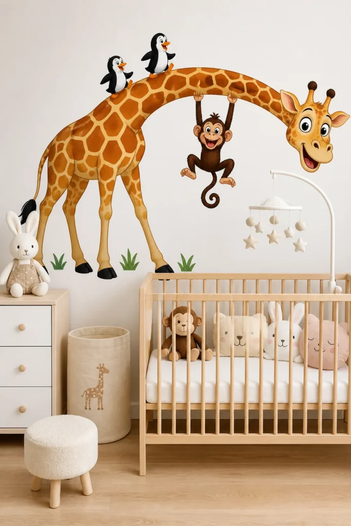Bright Scandinavian nursery showcase featuring a storybook giraffe in lush botanical jungle with playful animals across the full-height wall behind a pale wood crib.