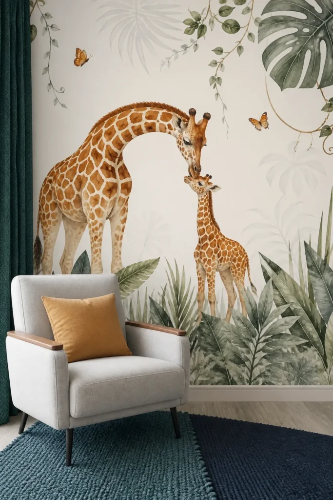 Contemporary nursery reading nook featuring a graceful giraffe framed by airy tropical leaves and butterflies, with a pale gray chair, ochre cushion, and layered teal rugs.