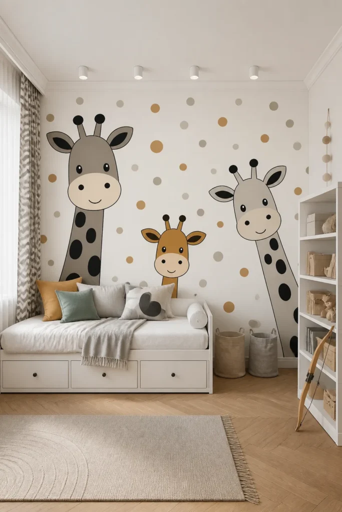 Contemporary Scandinavian children's bedroom featuring minimal line art giraffe family with golden stars wallpaper behind a white daybed and neutral storage.