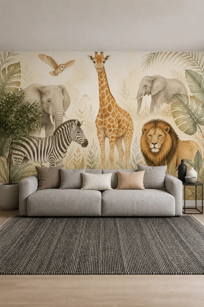 Contemporary living room showcasing a watercolor giraffe lion elephant and zebra jungle gathering across a full-height feature wall behind a soft gray sofa.