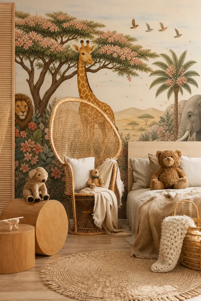 Warm bohemian children's bedroom featuring soft peach safari giraffe beneath flowering acacia trees across a full-height mural wall, with a rattan chair, natural wood bed, teddy bears, and neutral knitted textiles.