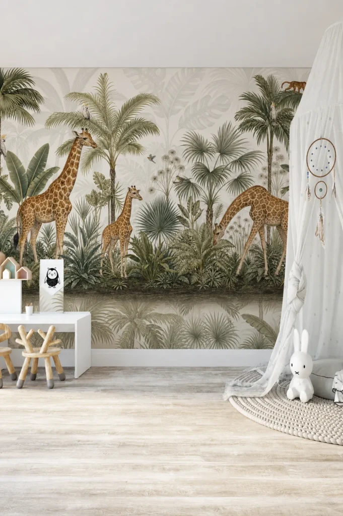 A bright whimsical children's bedroom showcases a misty giraffe herd among pale tropical palms across the full rear wall, framed by a white activity table and sheer canopy bed.