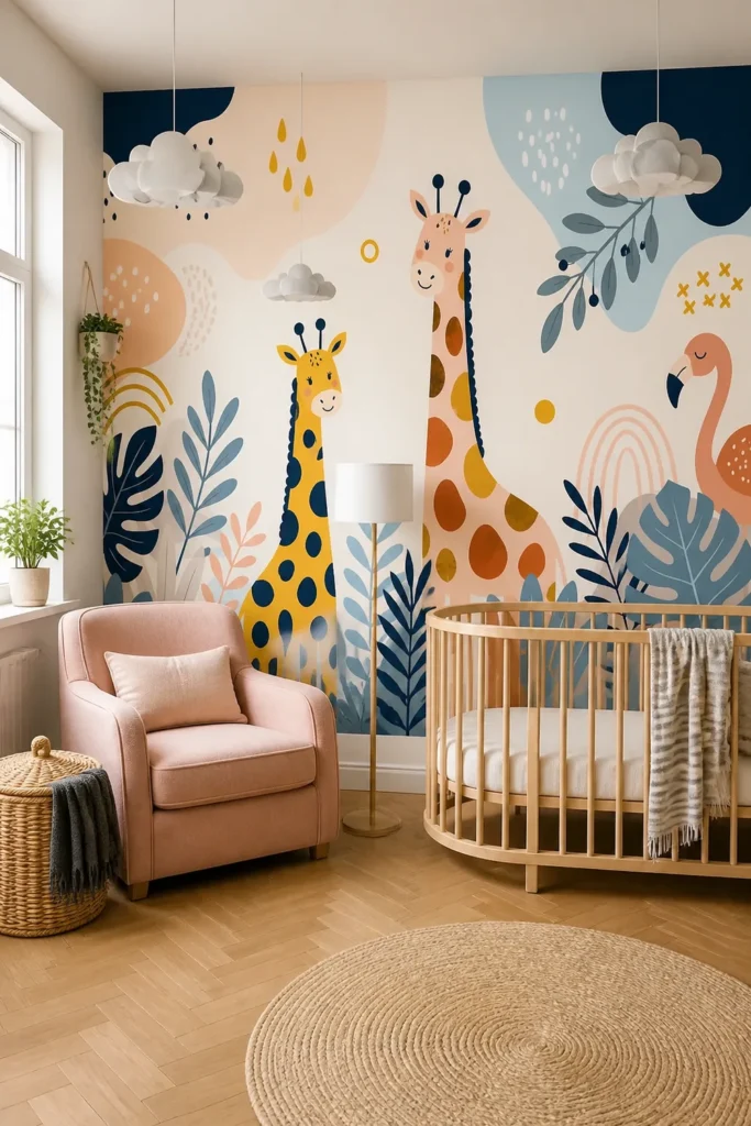 Pastel abstract giraffe pair with oversized botanical shapes installed across a full-height feature wall in a softly lit Scandinavian-inspired nursery with a blush armchair and light-oak crib.