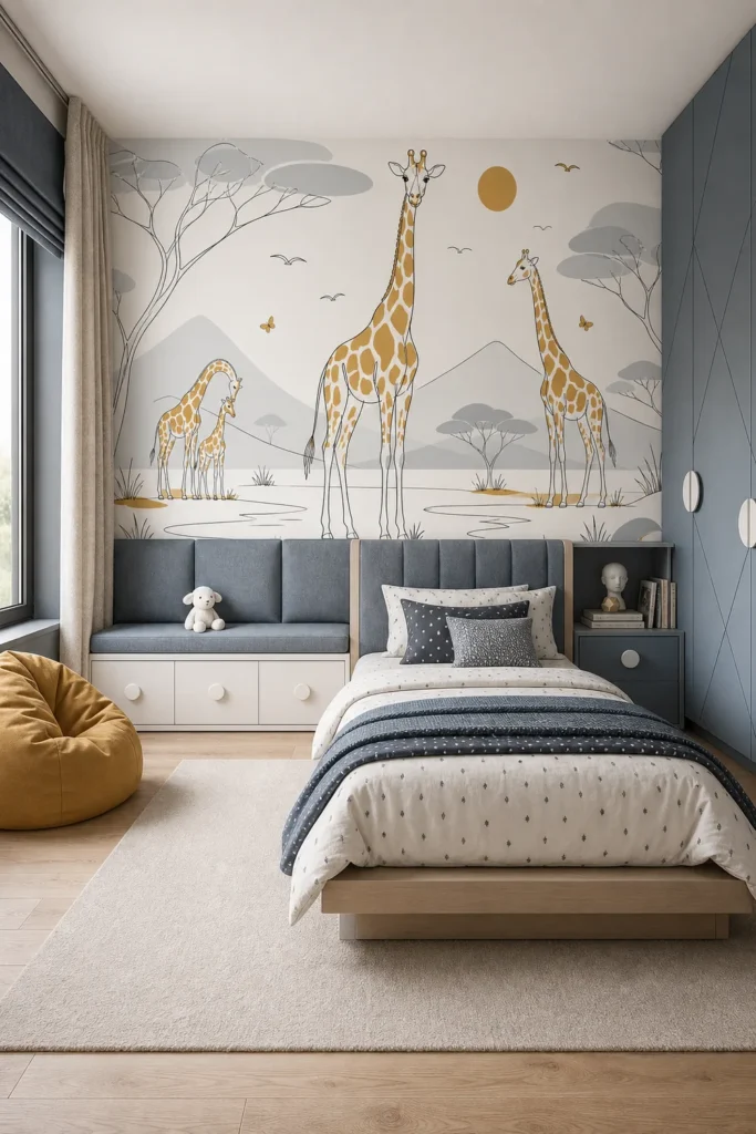 Contemporary children's bedroom showcasing a hand drawn giraffe family in whimsical savannah landscape across the rear wall, framed by blue-gray millwork, a child's bed, and a mustard lounge chair.