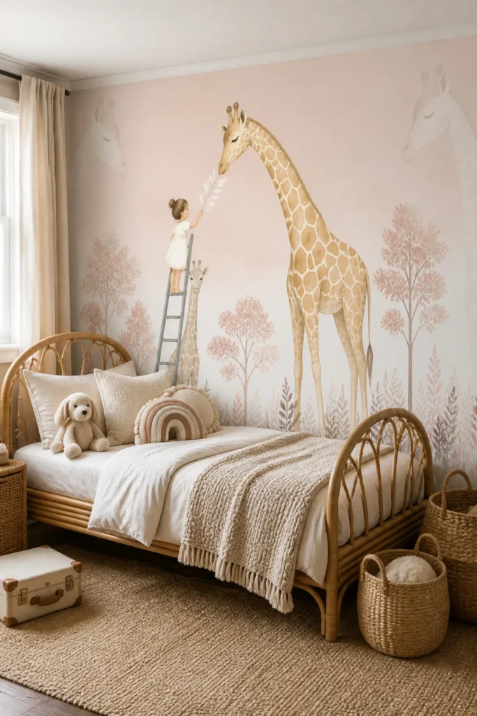 Soft Scandinavian children's bedroom showcasing soft blush watercolor giraffe with woodland flowers wallpaper behind a natural rattan bed.