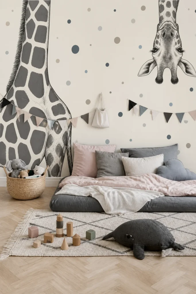 Contemporary Scandinavian children's room featuring an oversized black and white giraffe close up with ink dots, low floor bed, muted bedding, and pale herringbone flooring.