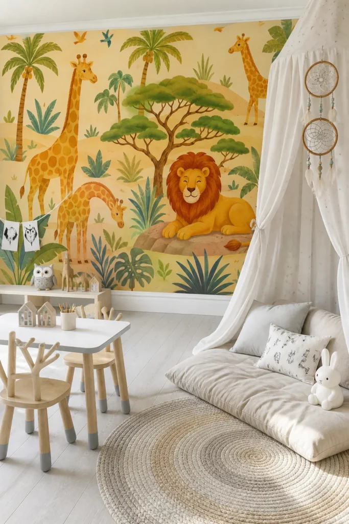 Bright Scandinavian children's playroom featuring a vintage african safari giraffes and lion wall mural behind a white activity table and cozy canopy reading nook.