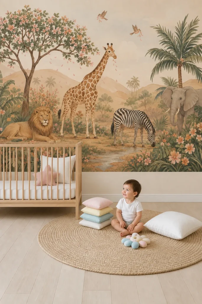 Bright Scandinavian-inspired nursery featuring a vintage african safari giraffe zebra elephant wall mural behind a natural wood crib and cozy floor seating.