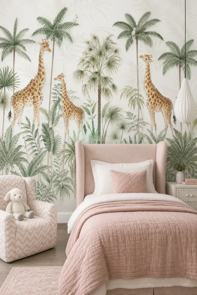 Tropical palm tree giraffe family wallpaper mural staged ceiling-to-floor behind a blush upholstered twin bed in a bright, whimsical contemporary children's bedroom.