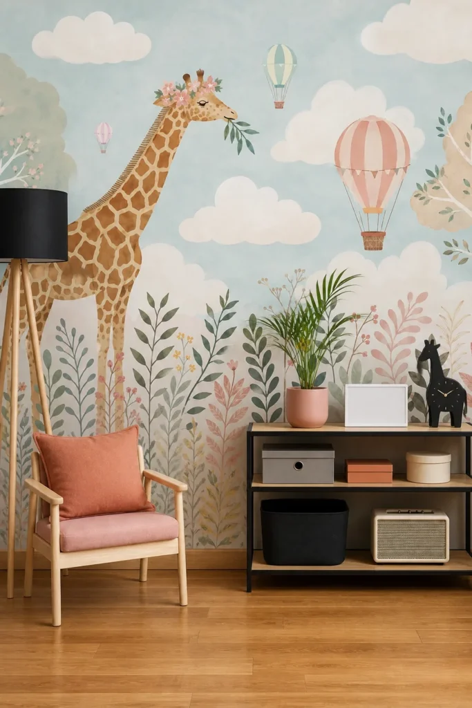 Pastel giraffe hot air balloon nursery wall mural staged on a full-height feature wall in a warm contemporary children's room with Scandinavian-style furniture.