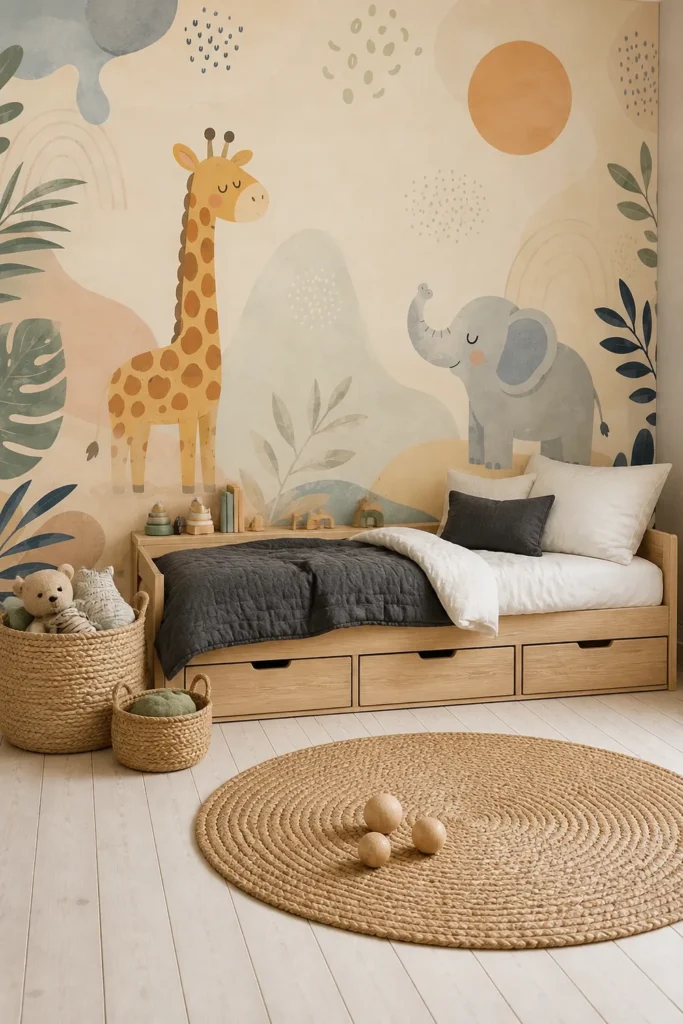 A neutral boho giraffe and elephant nursery wall mural staged behind a honey-wood daybed in a softly lit Scandinavian children's bedroom.