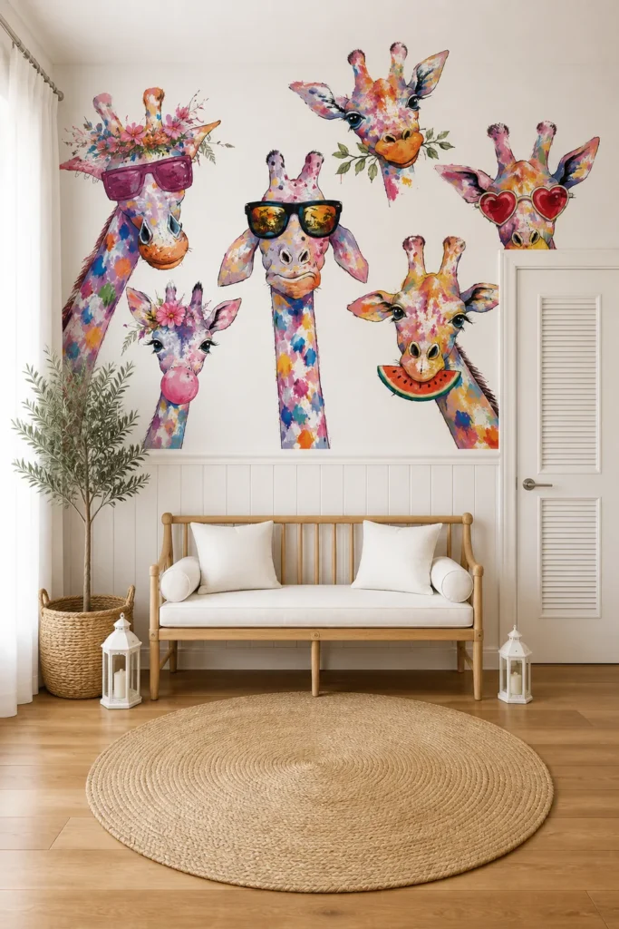 Bright children's sitting area featuring a colorful watercolor giraffes wearing sunglasses nursery wall mural above white wainscoting, with a wooden bench, woven rug, and potted tree.