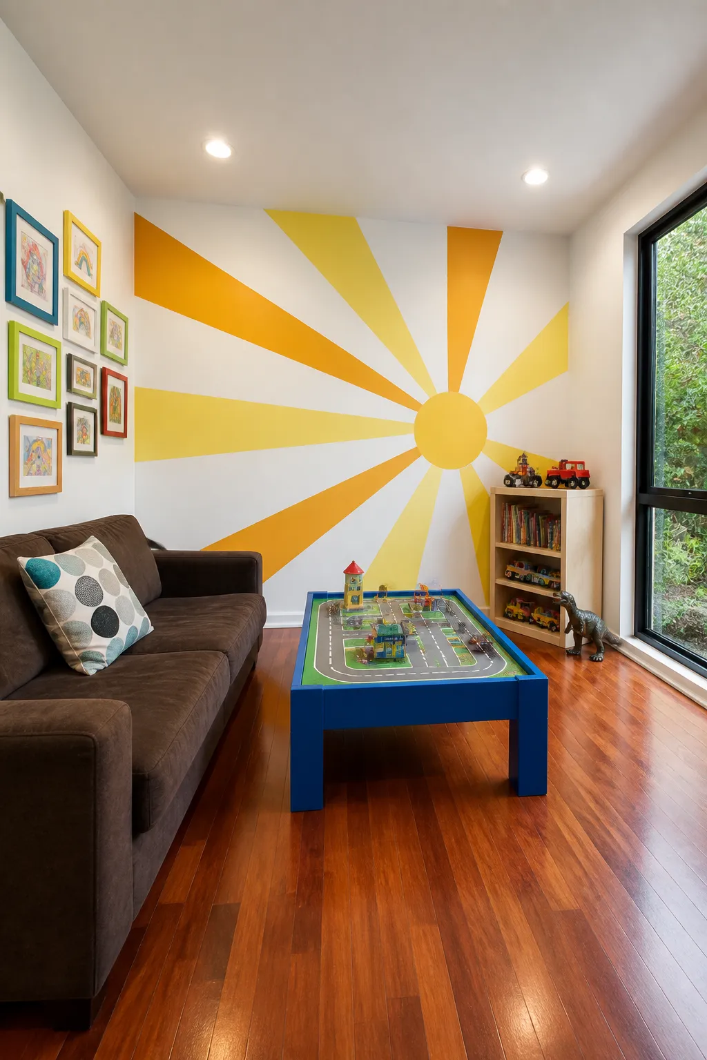 Kids playroom with a simple yellow sunburst painted across the wall