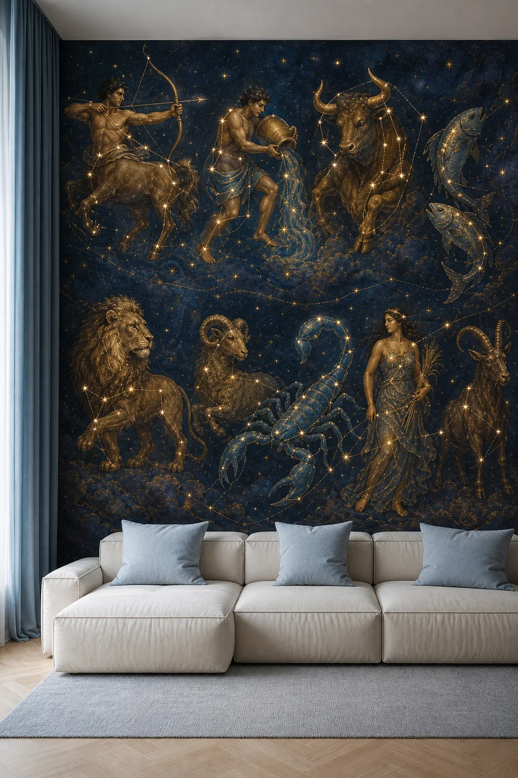Statement living room wall displaying a large decorative zodiac map