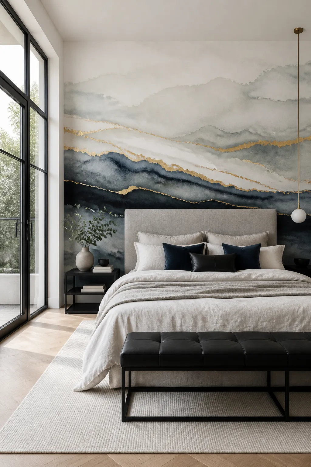 Blue and gold abstract ocean artwork styled above a bedroom headboard