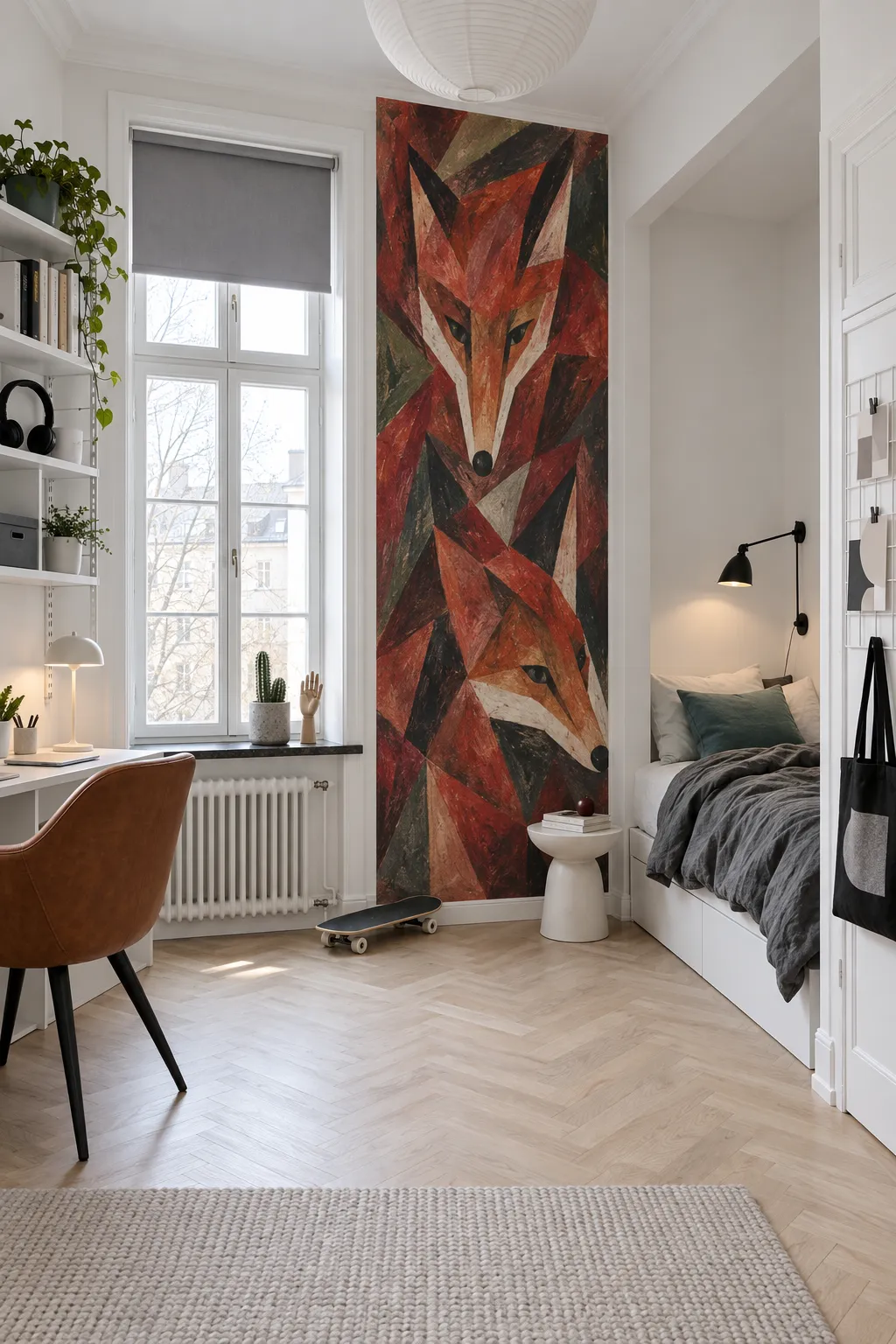 Abstract red fox artwork in a Scandinavian-style bedroom