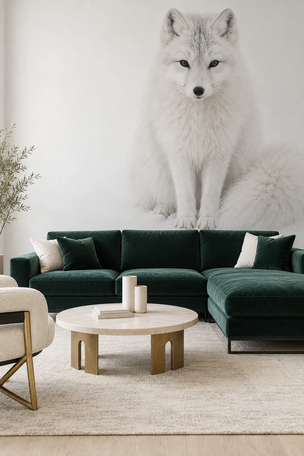 Arctic fox mural paired with an emerald green sofa.
