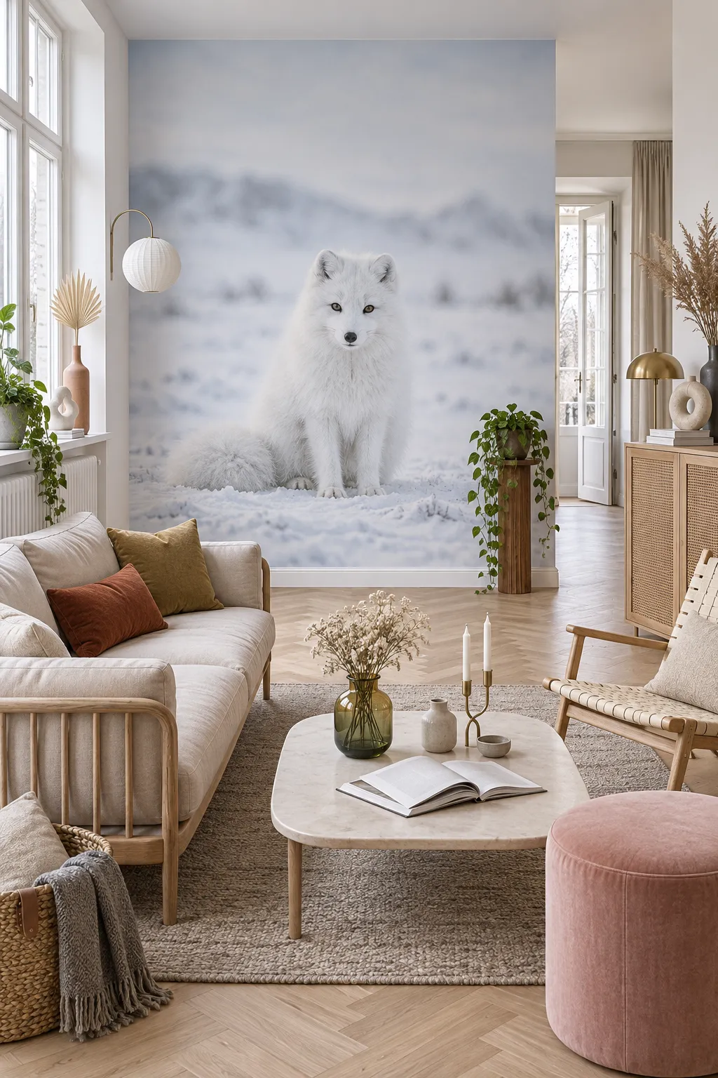 Arctic fox wall mural in a calm Scandinavian-inspired living room.