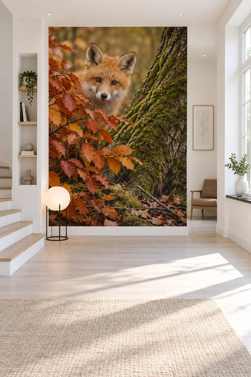 Bright minimalist living room concept with fox artwork in autumn colors