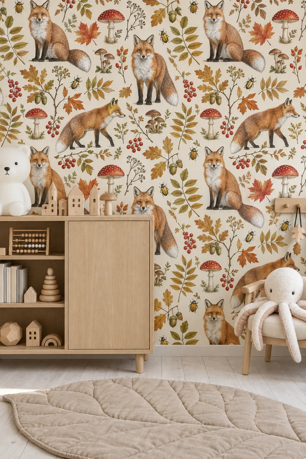 Woodland nursery mural featuring a fox among autumn leaves and trees.