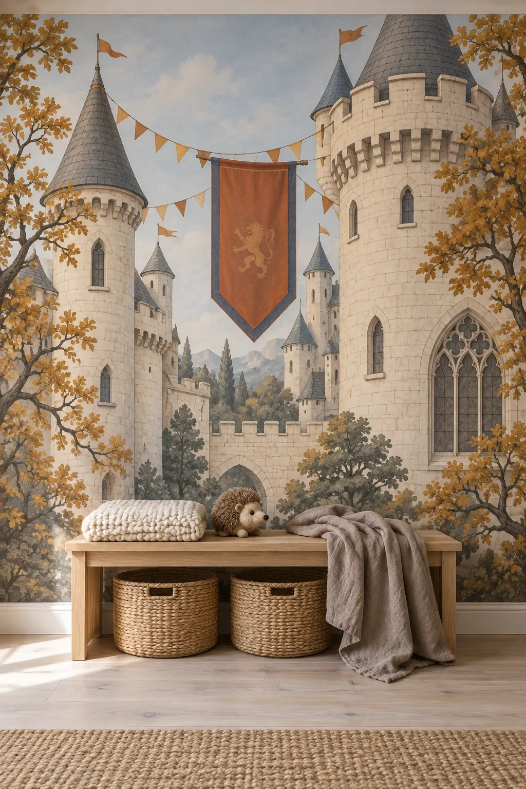 Nursery bench concept set against a medieval castle landscape in autumn colors.