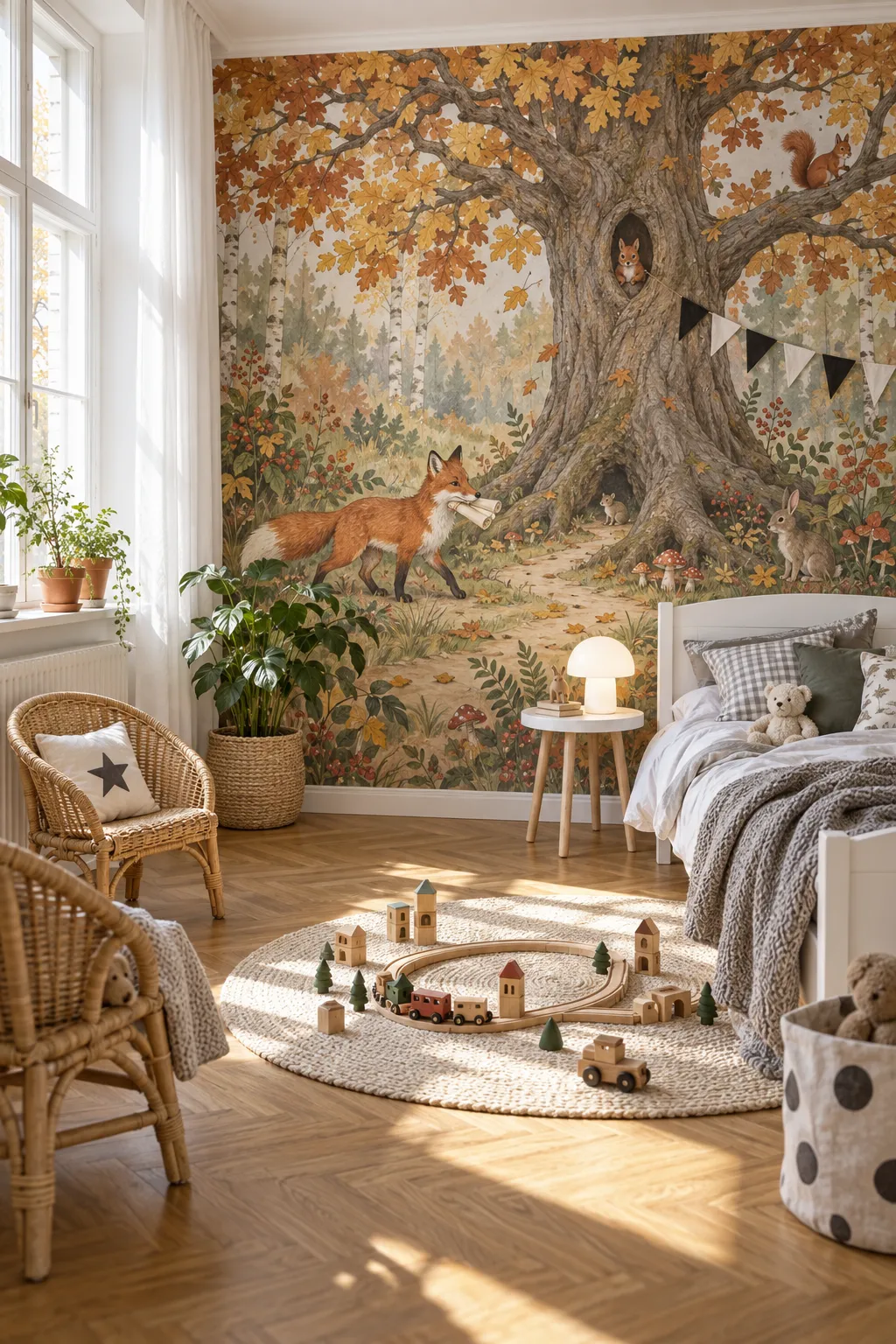 Autumn storybook fox mural forming the focal point of a cozy kids’ room.