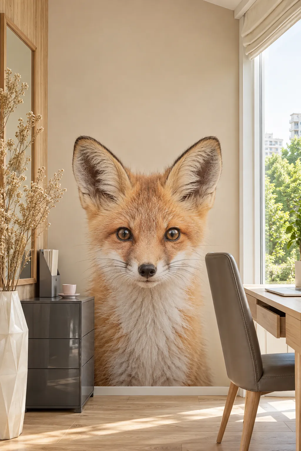 Warm neutral home office concept with baby fox artwork near a desk