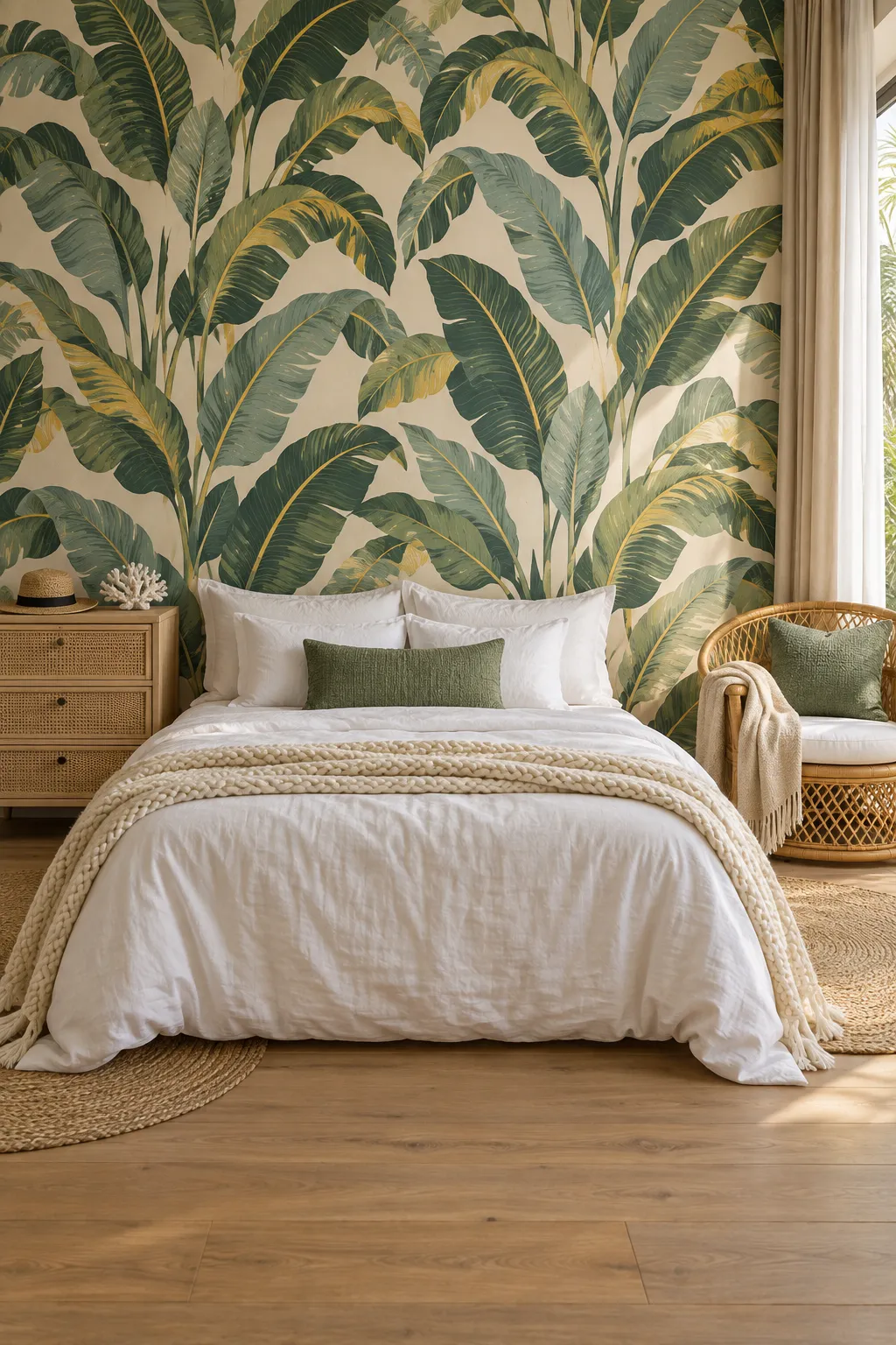 Tropical bedroom scheme combining botanical walls, white linen, and rattan accents.