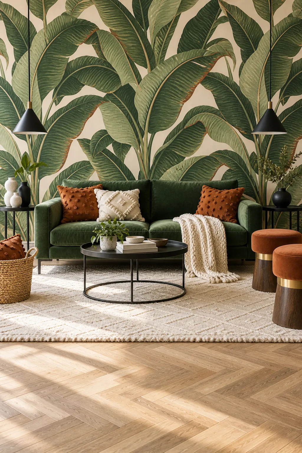 Green velvet seating and rust-colored accents arranged against a botanical leaf mural.