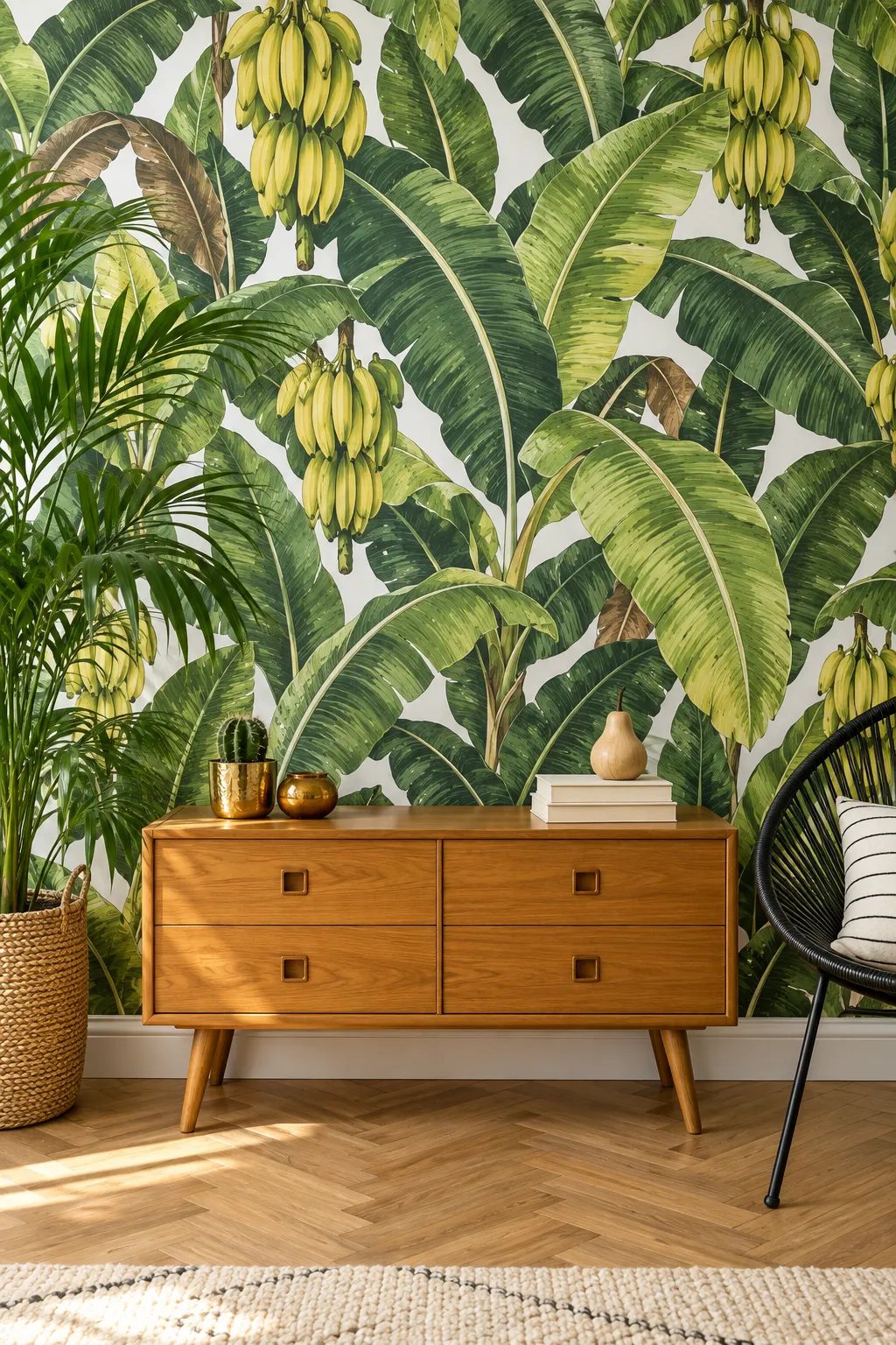 Mid-century wood cabinet paired with a banana-leaf wall treatment.