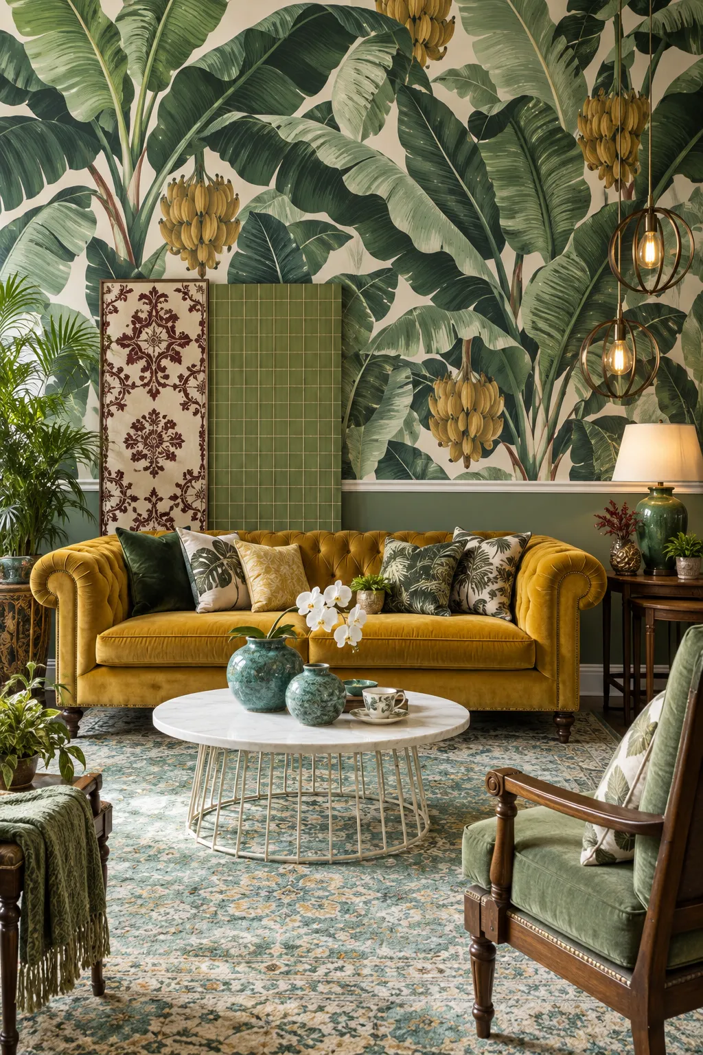 Eclectic living room combining a mustard sofa with tropical leaf patterns.