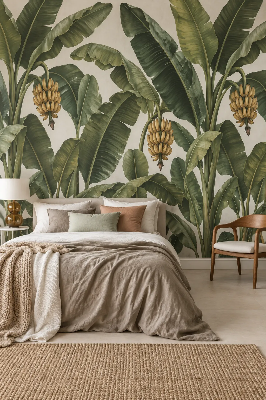 Neutral bedroom with an olive green banana leaf mural behind the bed.