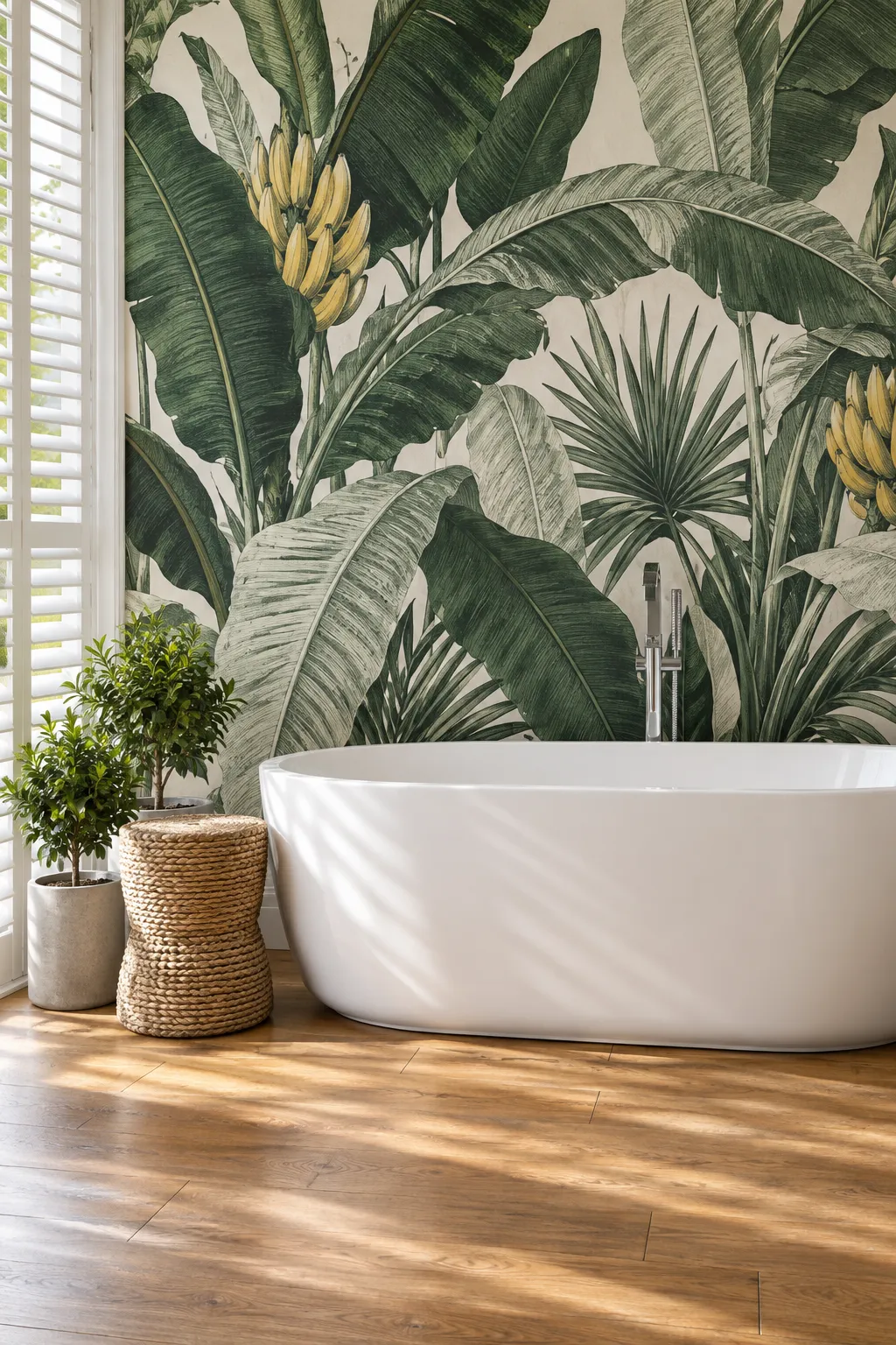 Bathroom concept featuring a white bathtub against tropical foliage.