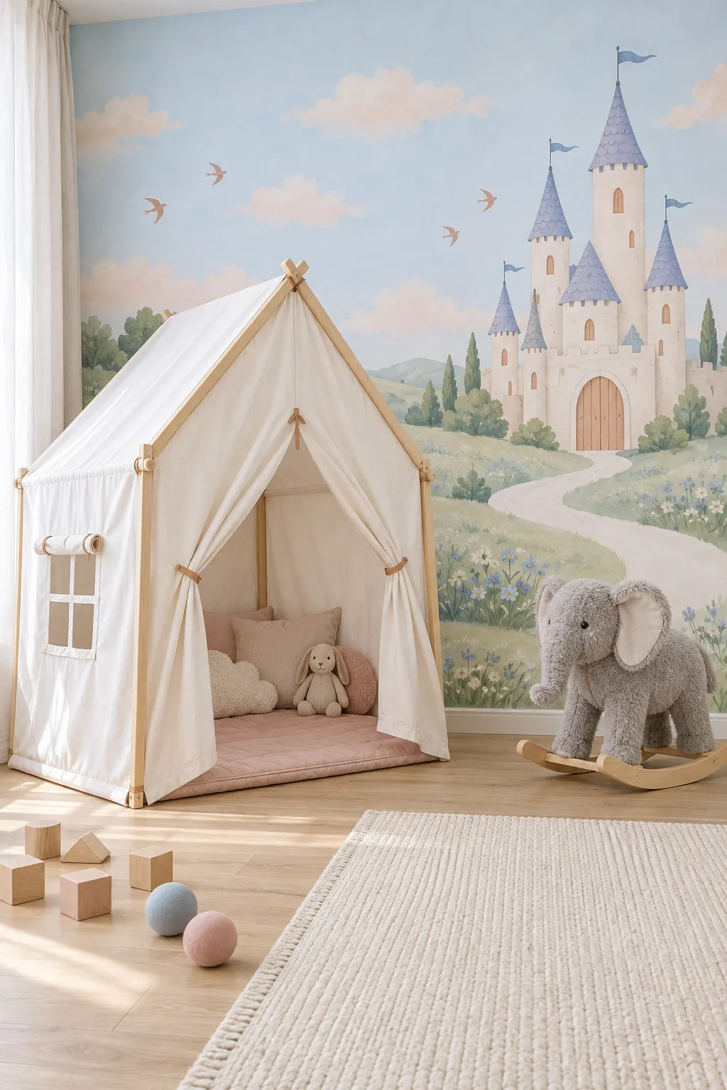 Play space concept pairing a dreamy blue castle backdrop with a fabric play tent.