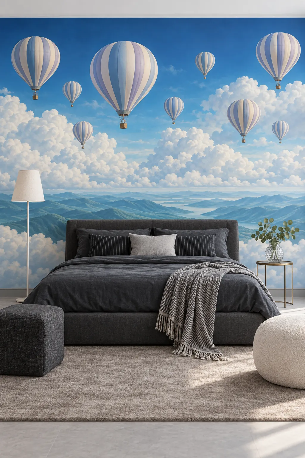 Sky-themed bedroom concept with blue clouds and hot air balloon motifs.