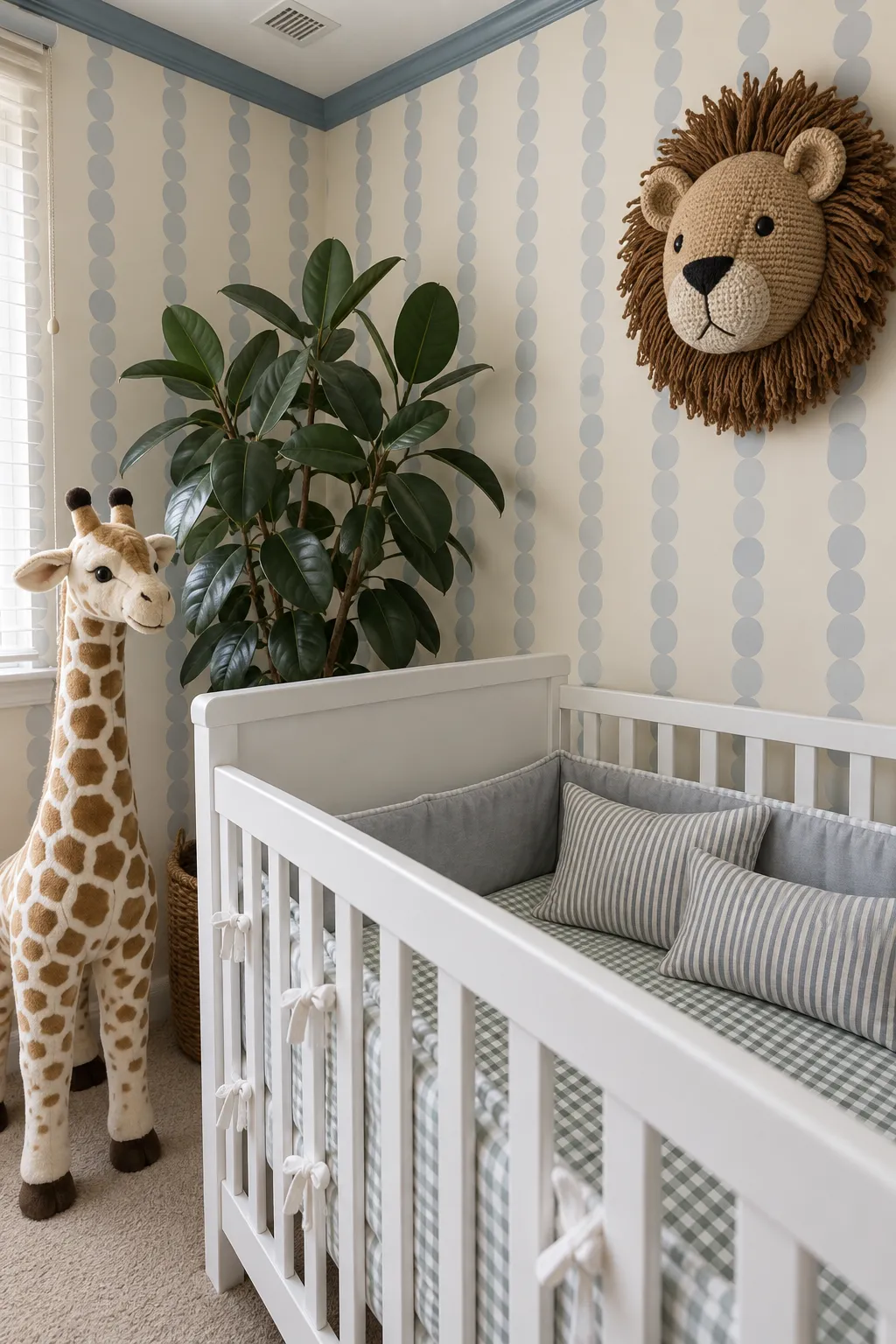 Blue scalloped striped nursery scheme with safari-inspired animal decor.