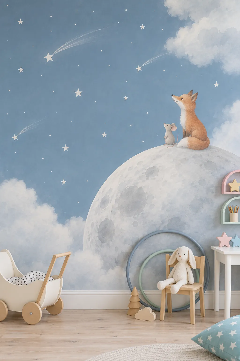 Fox beneath a blue starry sky in a nursery art scheme