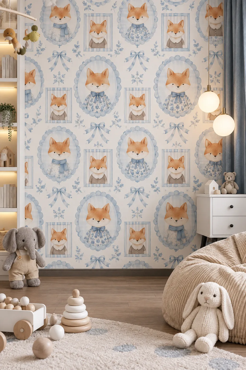 Soft nursery decorating concept with a blue watercolor fox portrait