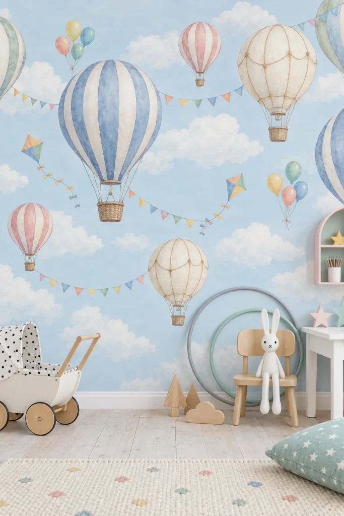 Blue watercolor balloon and cloud wallpaper for a nursery sky theme