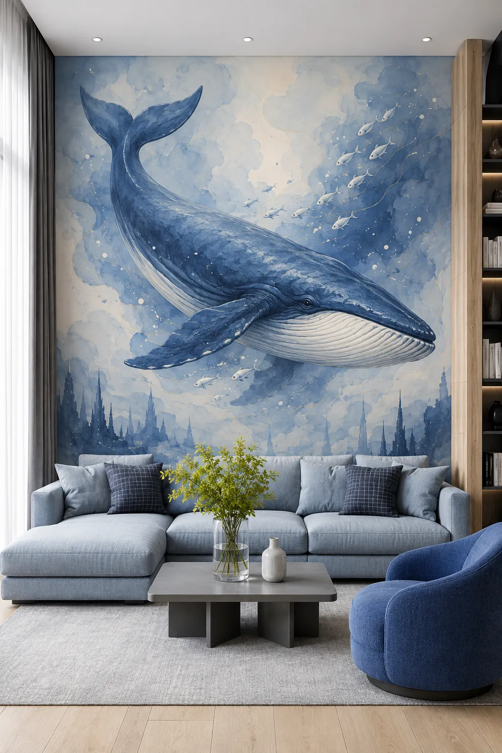 Dreamy blue whale wall scene paired with modern living room furniture
