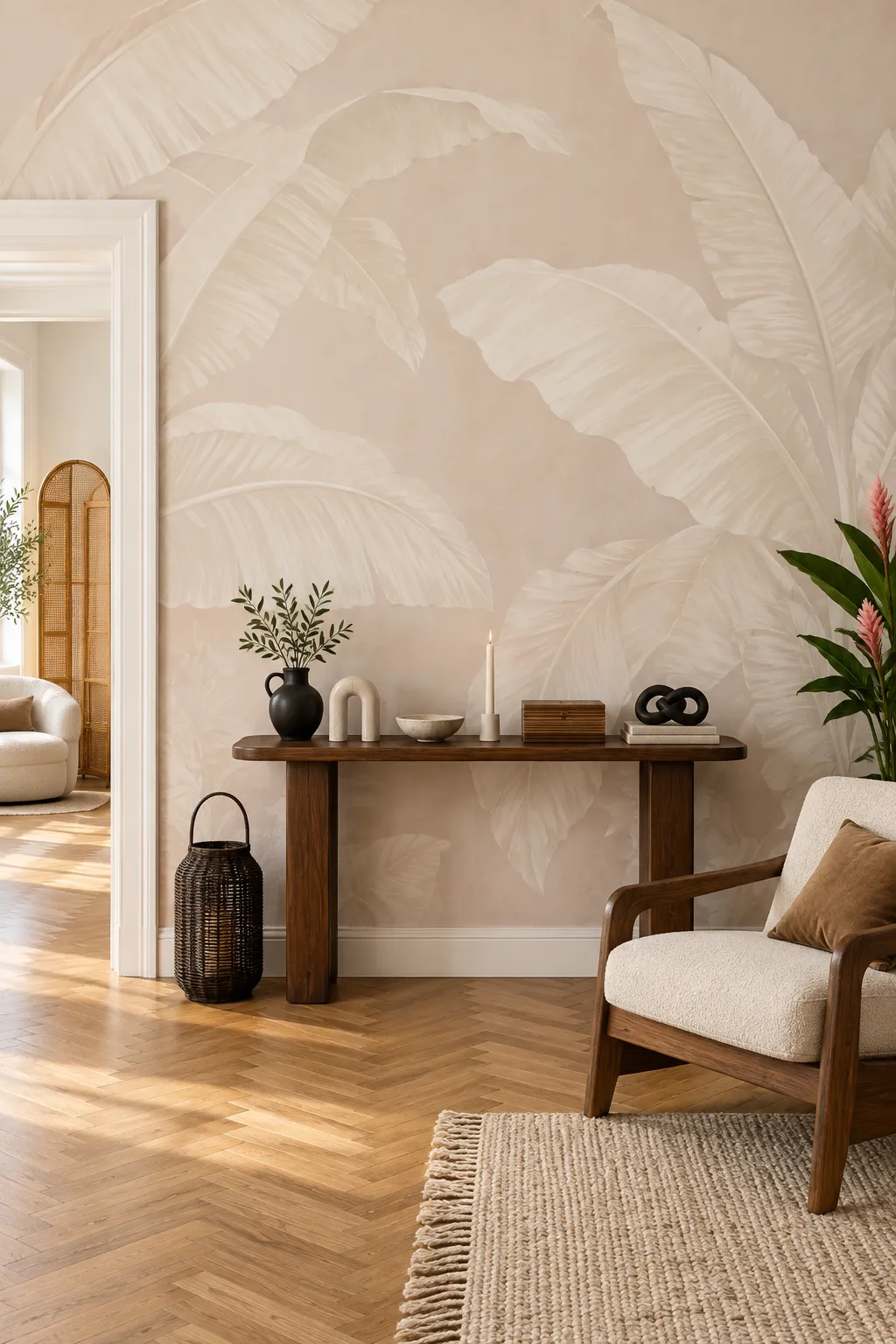 Walnut entryway console paired with a blush-leaf wall treatment.