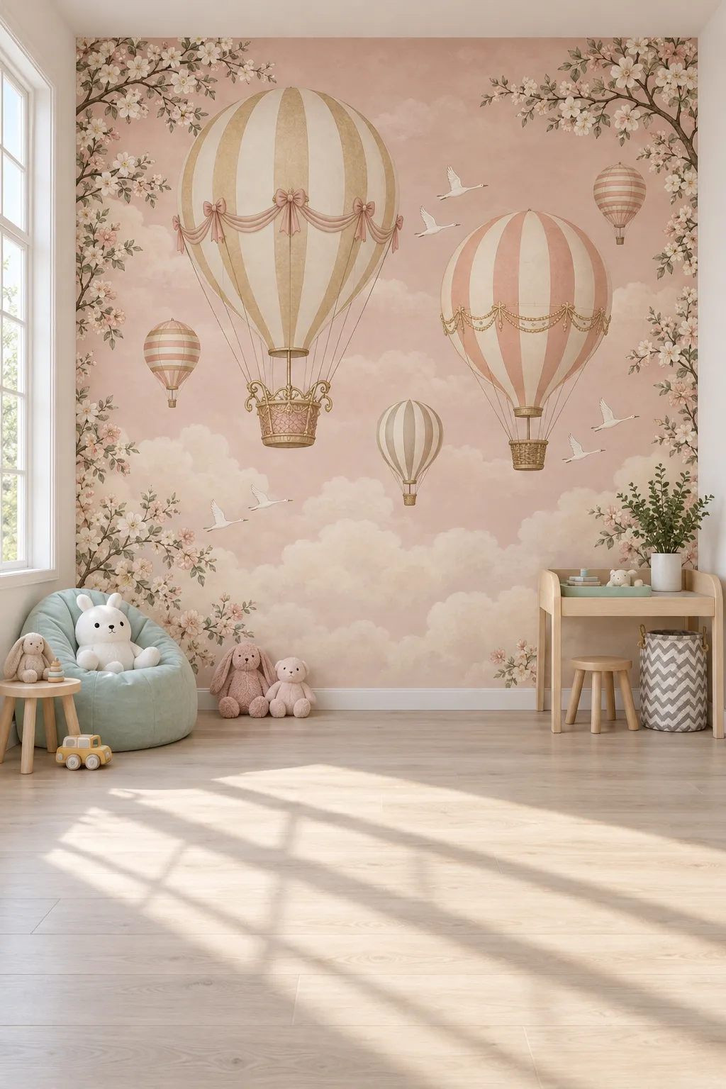Blush balloon wallpaper with floral details for a soft nursery theme