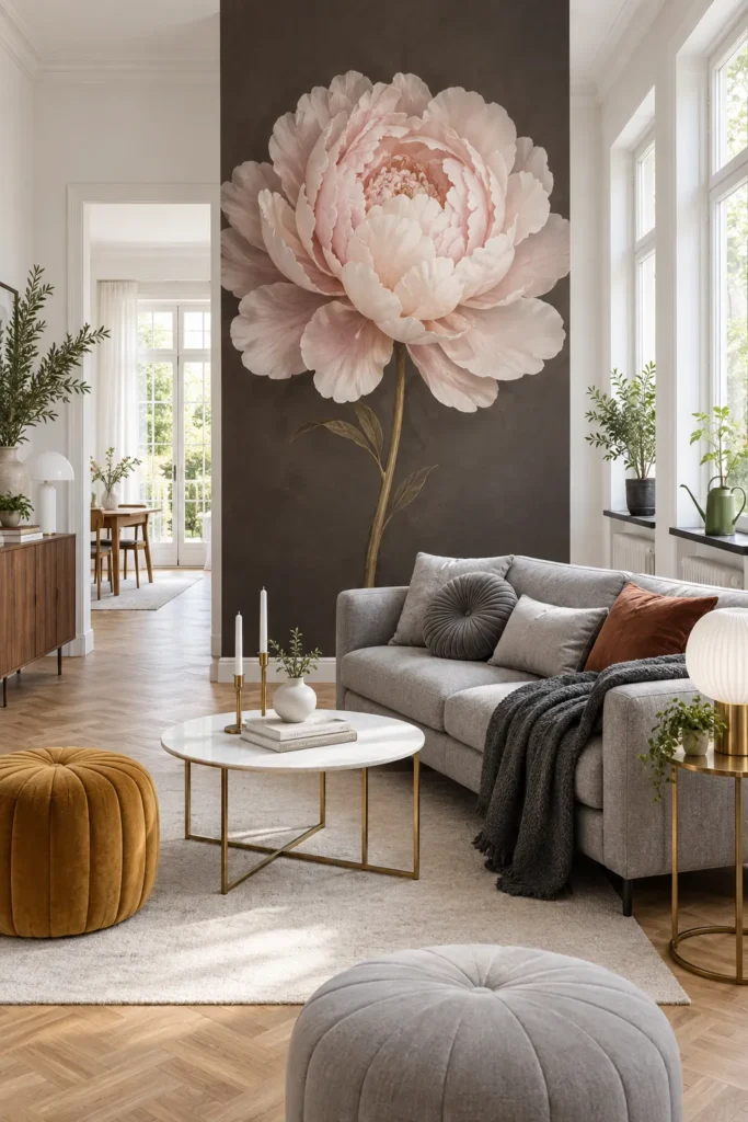 Charcoal feature wall concept decorated with large blush peony blooms.