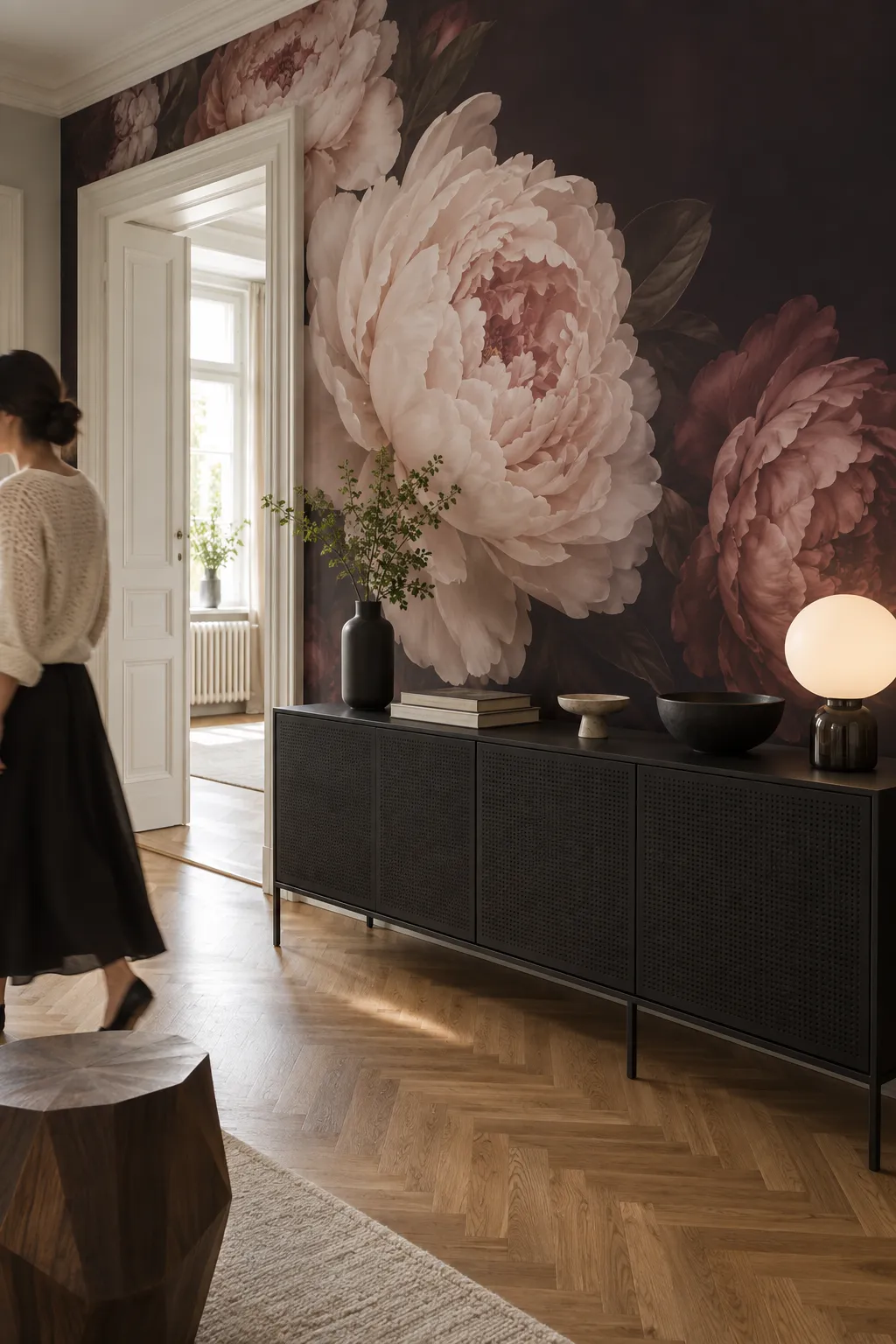 Black entryway sideboard set against dramatic blush peony florals