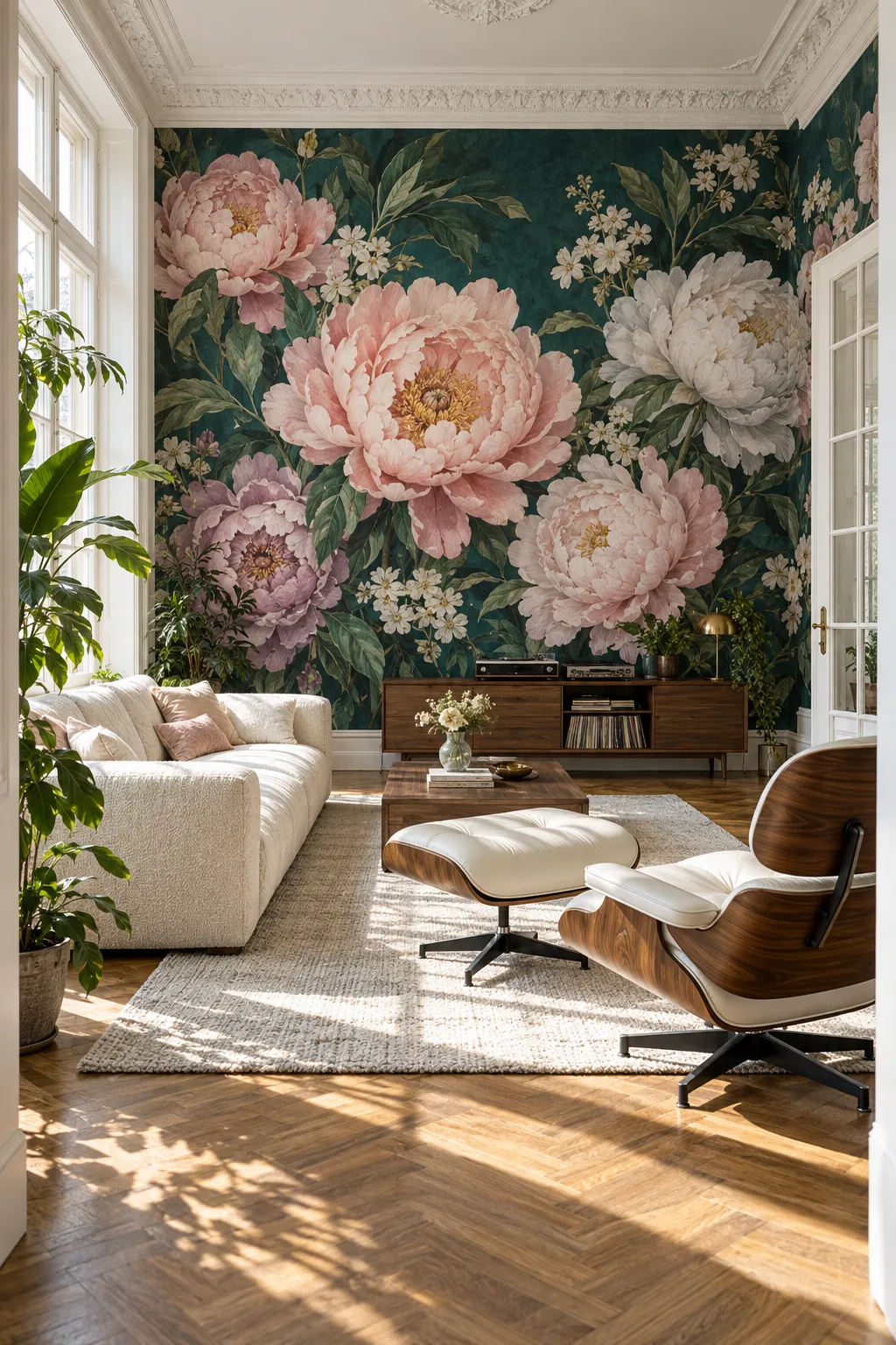 Mid-century living room concept with blush blooms against a dark floral backdrop.