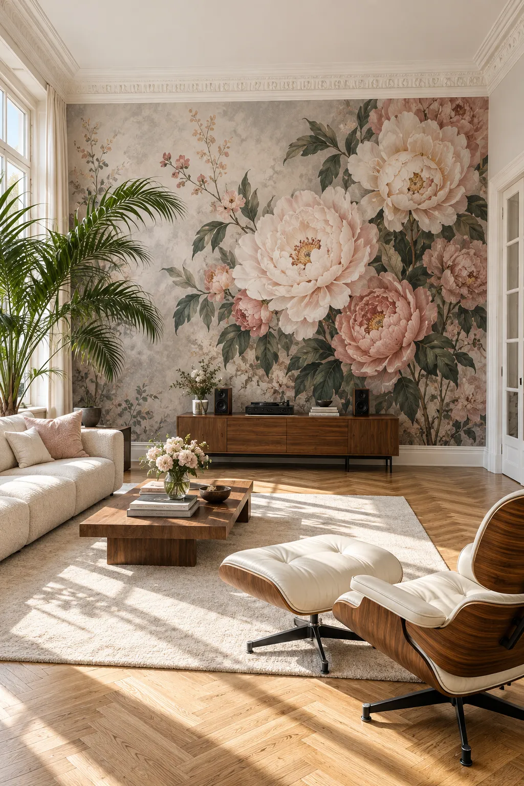 Blush peony wall design paired with mid-century living room furniture