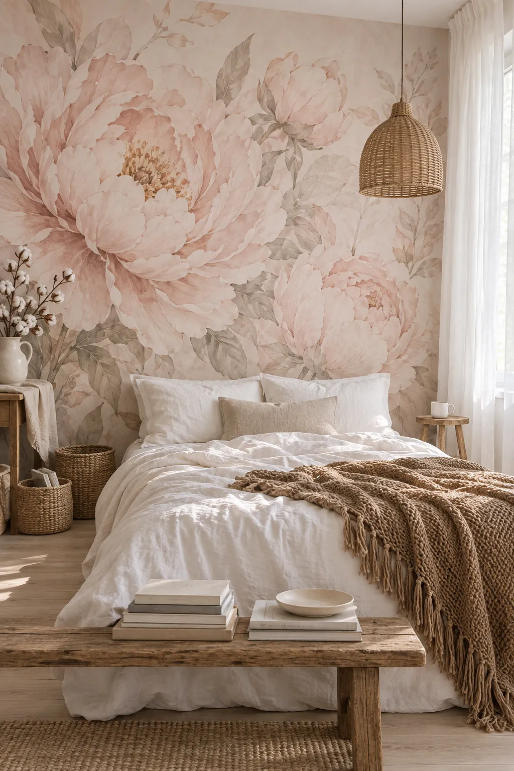 Neutral bedroom concept featuring soft blush floral walls and pale bedding.